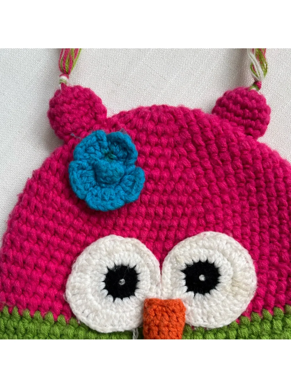 Hand Crafted Pink and Green Owl Earflap Crochet Hat with Blue Flower